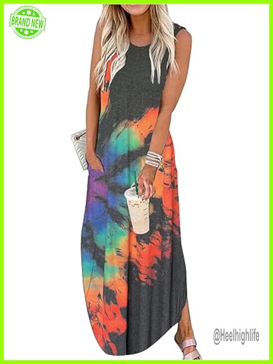Dresses & Skirts - Maxi Dress with Pockets, Sleeveless, Summer Beach Boho Sundress, Cotton Blend,